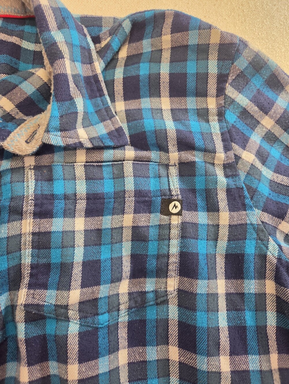 Marmot Mens Flannel Shirt XL Blue Teal Plaid Midweight Cotton Gorpcore Hiking - Picture 2 of 9